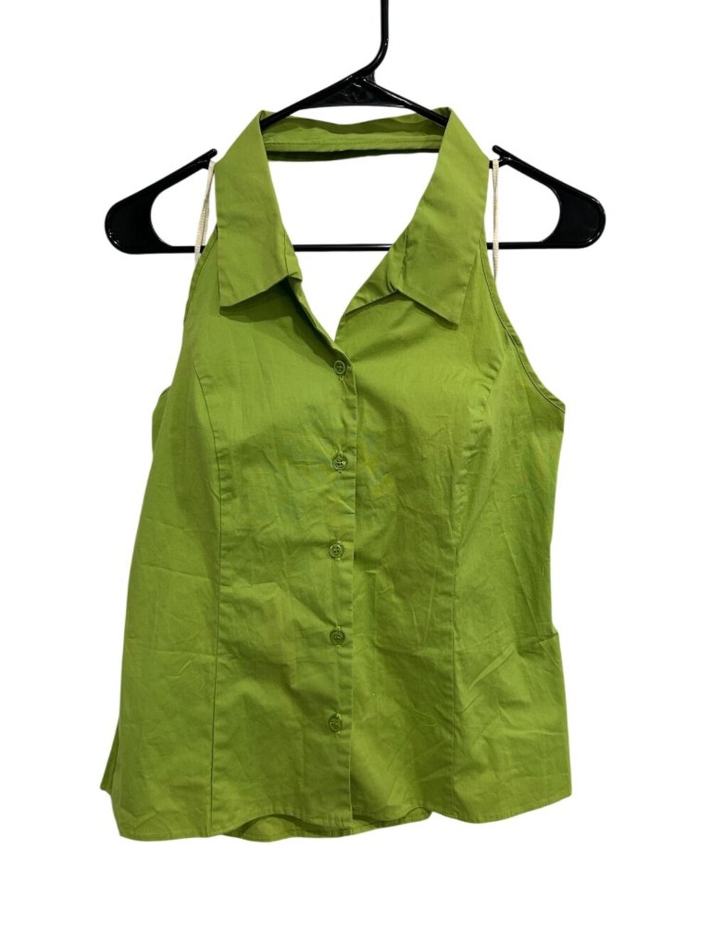 Herman Geist Womens Lightweight Green Halter Button Up Collar Top Retro Chic